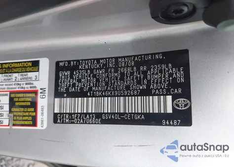2009 Toyota Camry Xle V6 z USA, uszkodzony, nr VIN 4T1BK46KX9U592687